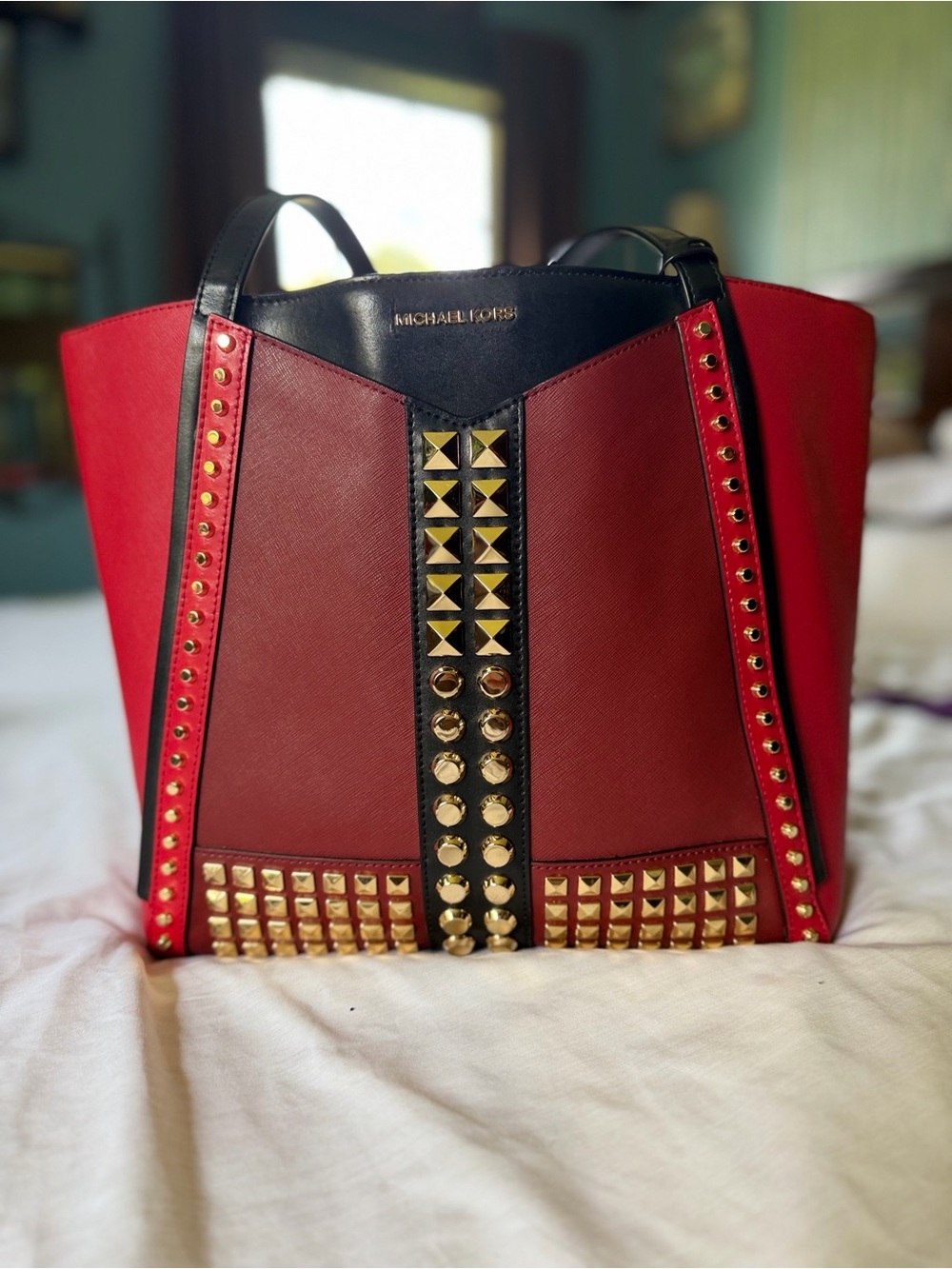 Large Michael Kors Red and Black Studded Leather Tote with Gold Hardware